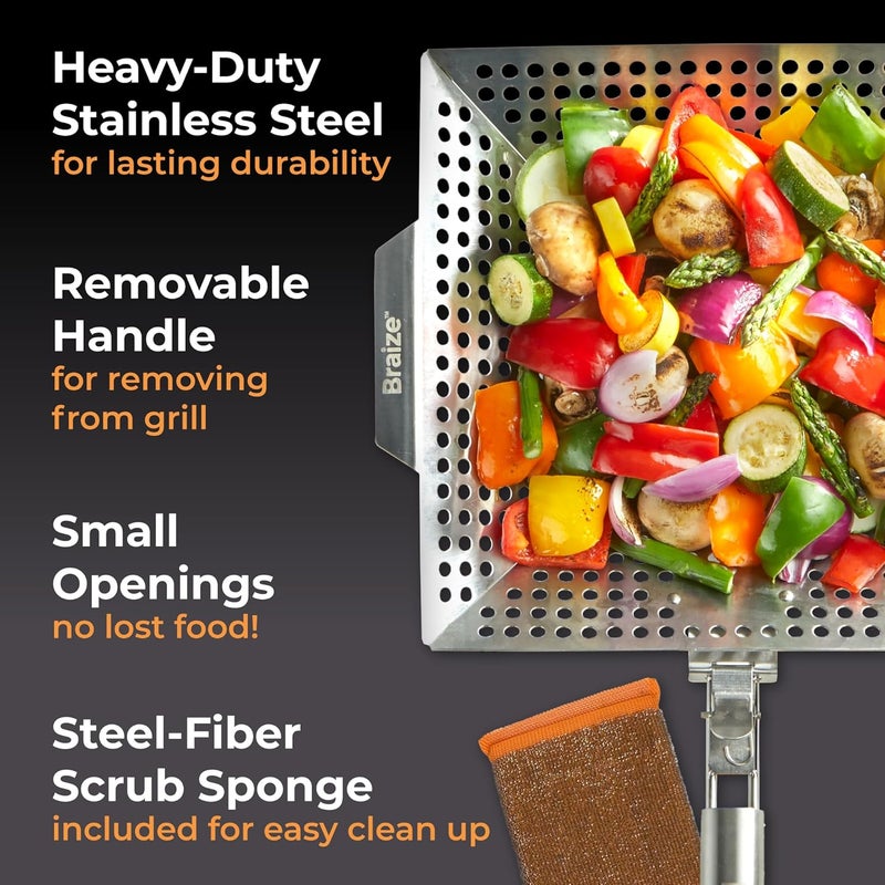 Braize Heavy-Duty Stainless Steel Grill Basket – 12"x13.75" Large BBQ Basket with Removable Handle – Durable Grilling Basket for Vegetables, Fish & Meat – Outdoor Cooking Accessory with 4 Bonus Scrub Sponges - Image 2